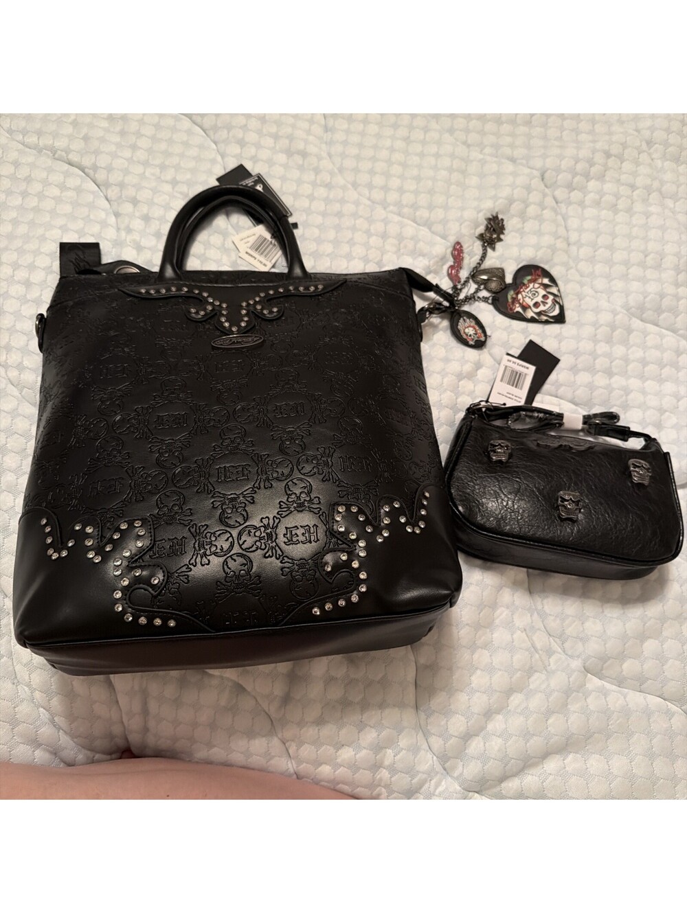 Ed Hardy Black Skull Embossed Studded Bag pack Purse w/ Charms  + wristlet DUO